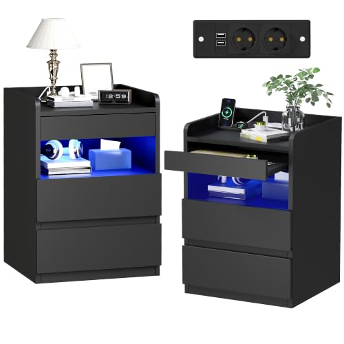 BEWISHOME Table de Chevet Lot de 2 avec LED Chevet de Lit Moderne, Noir