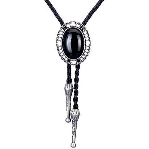 COOLLA Bolo tie- Handmade Round Shape Western Cowboy Black Vintage Turquoise Pendant for Women,Men (Silver) Cover