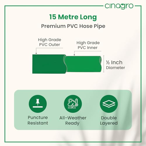 Image of Cinagro 15 Meter, 0.5 Inch PVC Premium Hose Pipe for Garden, Multicolour | With Tap Adapter, 3 Clamps, Heavy Duty, Flexible, Car Wash, Garden Watering