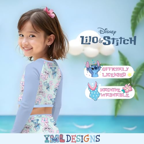 Image of Disney Lilo & Stitch Girls 2-Piece Swimsuit Set, Long-Sleeved Rash Guard and Bikini Bottoms, Quick-Drying Swimwear for Kids