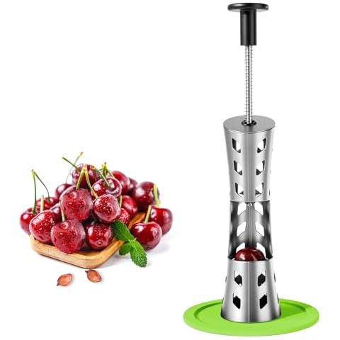 Cherry Pitter Remover Tool, Premium Quick Release Cherry Pitter, 2 in 1 Press & Push Type, Large 33mm Cherry Seed Remover, Durable, Food Grade Stainless Steel & PP Plastic, More Labor Saving -Green Cover