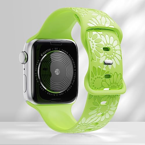 Image of Sunflower Engraved Band Compatible with Apple Watch Bands 38mm 40mm 41mm 42mm 44mm 45mm 49mm Women, Designer Soft Glossy Floral Silicone Strap for iWatch Series Ultra 11 10 9 8 7 6 SE 5 4 3 2 1