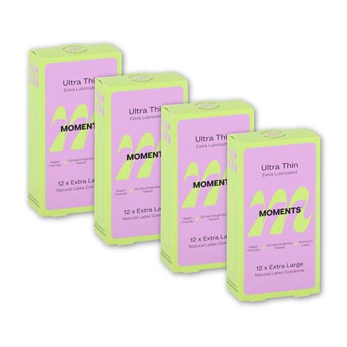 Moments Ultra Thin Condoms | Thinnest Premium Extra Lubricated and Extra Large Condom | Electronically Tested Premium Quality Latex | Vegan | 48 Counts (Pack of 4)