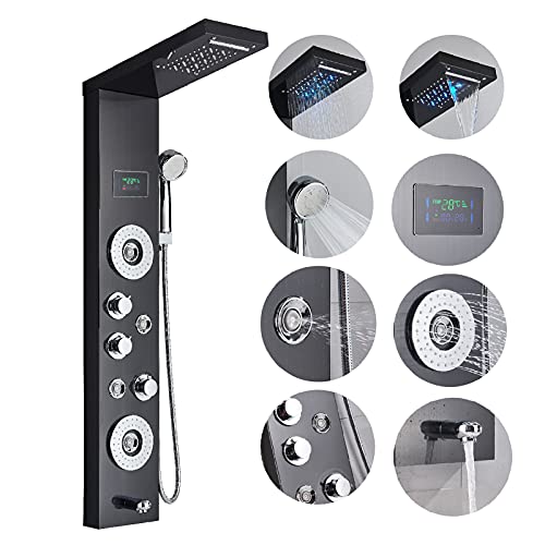 Votamuta LED Rainfall Waterfall Shower Head Shower Panel Tower System Rain Massage System with Body Jets,Hydroelectricity Temperature Display Hand Shower and Horizontal Spray Fingerprint-Free