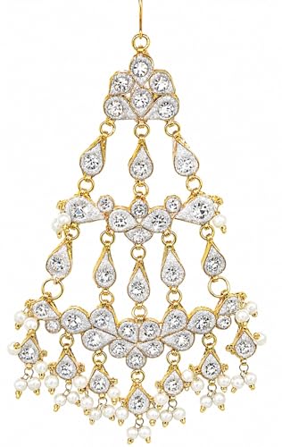 Image of Safura Jewels Jhumar, Gold Plated, American Diamond with Pearl Drops, Traditional Bridal Hair Jewellery for Weddings