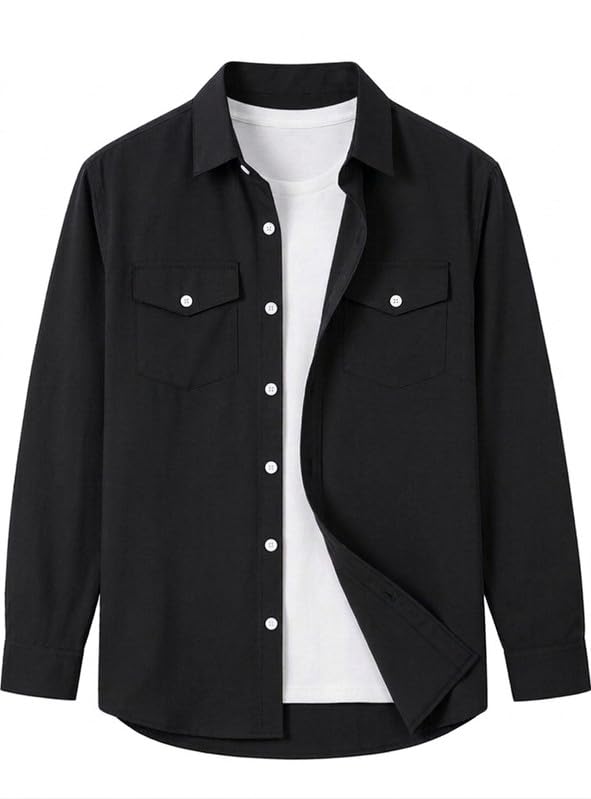 Image of DEELMO Men Solid Slim Fit Casual Overshirt Style Shirt | Full Sleeve Button-Down Layering Shirt Smart Casual Look