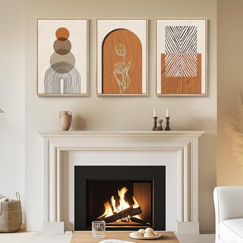 Large Boho Framed Wall Art, Set of 3 Piece Bohemian Wall Hanging Canvas Paintings Artwork for Walls, Neutral and Orange Geometric Art Prints Pictures for Living Room Bedroom Office Wall Decor 16x24 In
