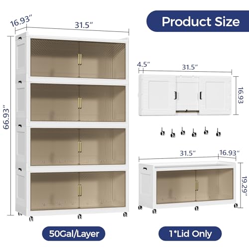 Image of 200 Gallon Extra Large Collapsible Storage Bin with Lid, 960QT Stackable Plastic Organizer with 6x Wheels, Foldable Drawer Cabinet for Closet, Living Room Office, Kitchen 4Pack, White