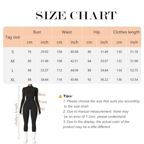 OEAK Damen Sport Jumpsuit Lang Eng Yoga Overall Langarm Rollkragen Playsuits mit Reißverschluss Nahtloser Fleece gefüttert Bodysuit Einteiler Romper,Schwarz,M