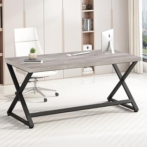 IBF Gray Desk, Industrial 47 in Computer Desk for Writing Study, Simple Wooden Metal Executive Work Desk for Home Office, Modern Pc Gaming Laptop Workstation Computer Table in Bedroom, Light Grey Oak Cover