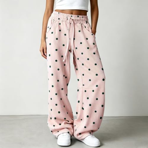 XINGJIAARTS Polka Dot Sweatpants Women Baggy Barrel Wide Leg Y2K Pants High Waisted Drawstring Lounge Track Travel Joggers Pink X-Small - image 2