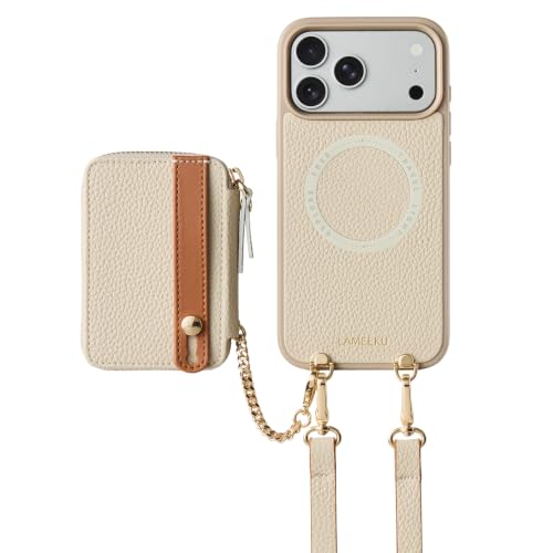 LAMEEKU for iPhone 18 Pro Case Wallet with Grip 6.3'' Beige | Detachable Magnetic Card Holder, MagSafe Compatible, Holds 4–6 Cards