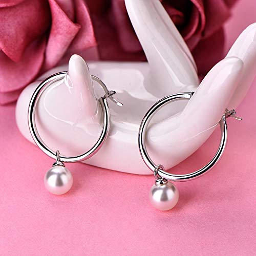 Jo Wisdom 925 Sterling Silver Simulated White Shell Pearl Hoop Earrings (Size: 1.5 * 20Mm) #TOP5