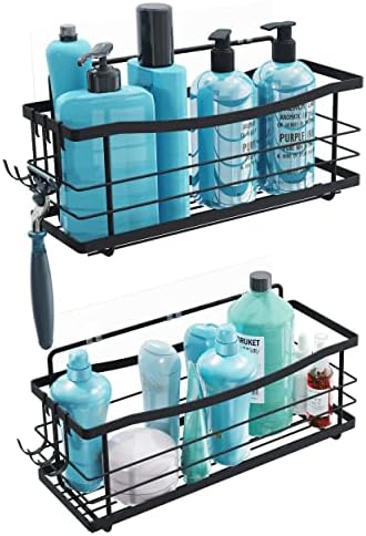 Virgorack Stainless Steel Adhesive Shower Caddy, Bathroom Basket Shelf with Soap and Toothbrush Holder, Wall Mounted No Drilling Storage Organizer Racks with Hooks (BLACK 2-PACK)