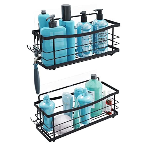 Virgorack Stainless Steel Adhesive Shower Caddy, Bathroom Basket Shelf With Soap And Toothbrush Holder, Wall Mounted No Drilling Storage Organizer Racks With Hooks (Black 2-Pack) #TOP1