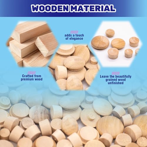 Image of 160 Pcs 2 Styles Wood Hole Plugs Assortment Set, 3 /16 Inch, 5 /16 Inch, 3 /8 Inch, 1 /2 Inch Hardwood Maple Button Cap, Flush Type Wooden Screw Covers for Decor Furniture