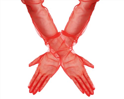 PENTA ANGEL Women Long Tulle Gloves Sheer Party Opera Bridal Wedding Lace Gloves for Girls Adults Hallowmas Dance Costume(Red, 70cm)