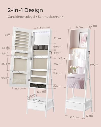 SONGMICS Schmuckschrank mit LED-Beleuchtung, abschließbare Spiegelschrank, Schmuck-Organizer mit Schubladen und Ablagen, Geschenkidee, wolkenweiß JJC025W01