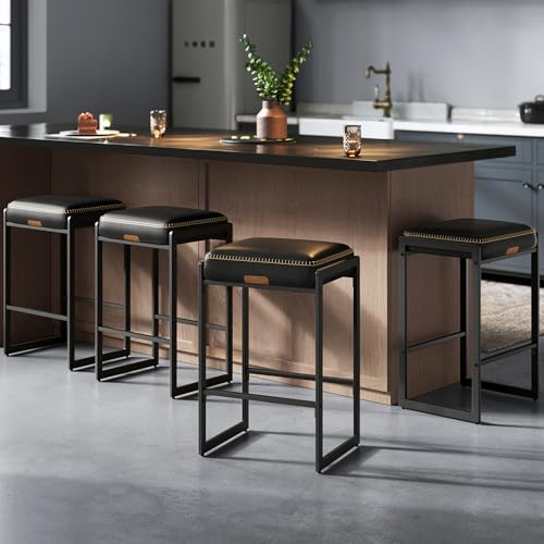 Image of VASAGLE EKHO Collection - Bar Stools Set of 4, Counter Height Bar Stools, Synthetic Leather with Stitching, Mid-Century Modern Counter Stools, 26-Inch Tall, Kichen Home Bar Dining Room, Ink Black