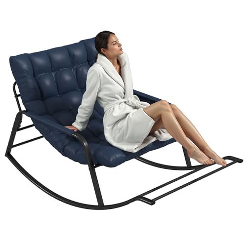 NUGYK Oversized Outdoor Rocking Chair, Papasan Chair with Comfy Padded Cushions & Side Pocket, for Patio Garden, Porch, Lounge, Indoor, Navy