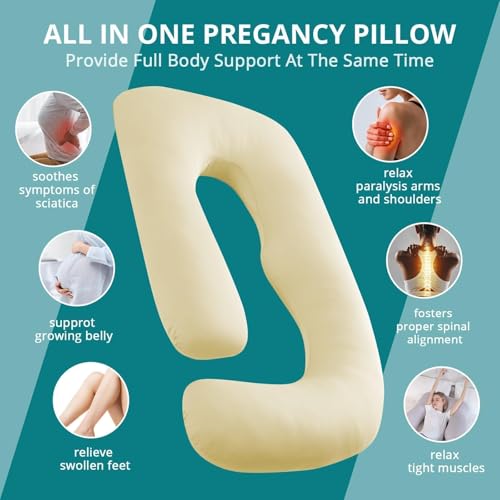 Image of Cooling Pregnancy Pillows for Sleeping, 57'' Full Body Pillow, Light Yellow | Sasttie Maternity Pillow, OEKO-TEX, Down Alternative, Removable Cover, Pregnant Women Must Haves, Maternity Essential