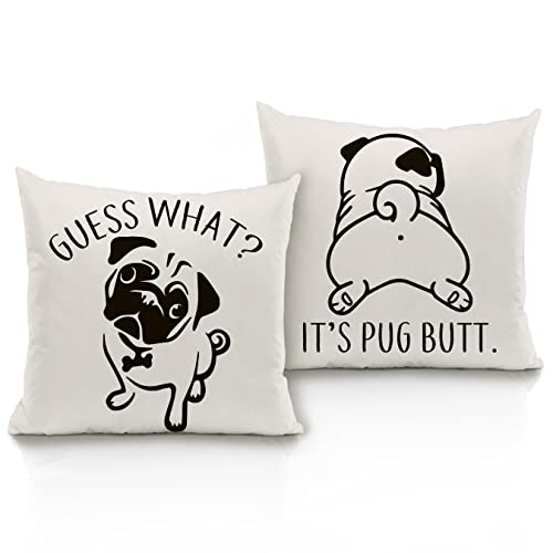 Eioney Lovely Pug Guest What It's Pug Butt Throw Pillow Covers 18 X 18 Inhces Set Of 2，Cute Dachshund Decorative Throw Pillowcase For Bedroom Kids Boys Girls Room，Gift For Girls Daughter Sister Niece #TOP4