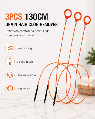 Destapacaños para cabello, 3 unidades de 130 cm, destapador flexible para tuberías, diseño reforzado en espiral para obstrucciones profundas en fregaderos, duchas y bañeras, uso seguro para destapar sin dañar las cañerías miniatura 2
