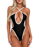 HYPERFIRE Women's Sexy Criss Cross Halter Contrast Binding Swimsuit One Piece Monokini Bathing Suit Black and White Small