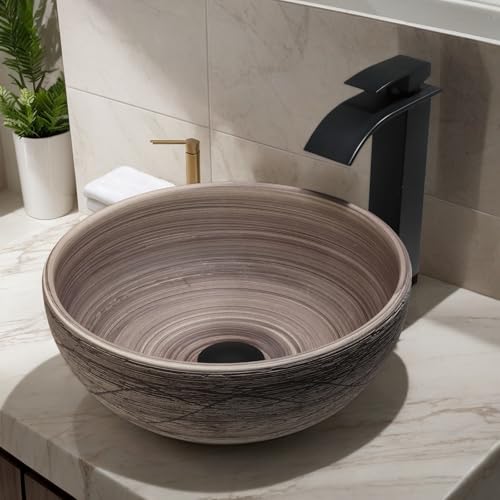 Lonuebu 14-inch Round Ceramic Vessel Sink with Black Waterfall Faucet