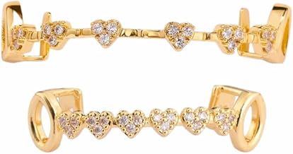 Gold Grills Set, Rhinestone Teeth Jewelry for Top & Bottom for Women Men Heart Charm Hollow Teeth Grillz Punk
