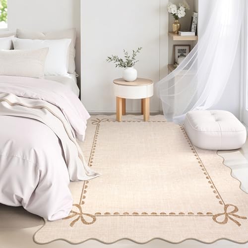Image of GarveeHome Scalloped Bow Rug 5x7 Washable Beige Rug for Bedroom Living Room