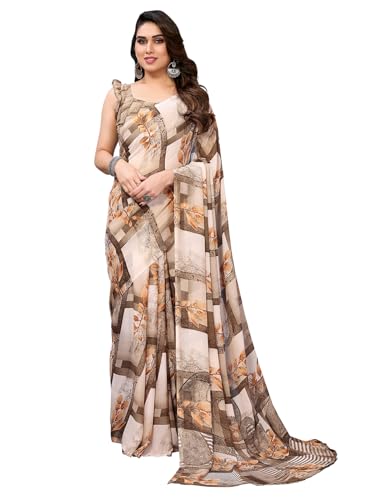 Sari en georgette femme indien imprimé floral beige vêtement de fête traditionnel