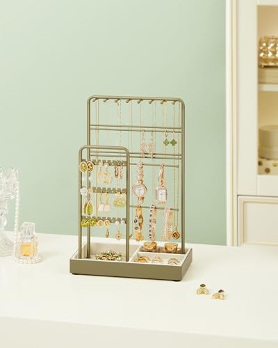 SONGMICS Jewellery Stand, Jewellery Organiser, Jewellery Display Stand with Metal Frame and Velvet Tray, Earring Bracelet Holder, Necklace Stand, for Studs, Rings, Gift Idea, Laurel Green JJS021C02
