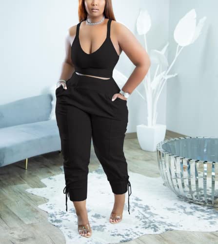 Ekaliy Women's Casual Two Piece Outfit Low Cut V Neck Top And Long Pants Tracksuit Joggers Sets #TOP1