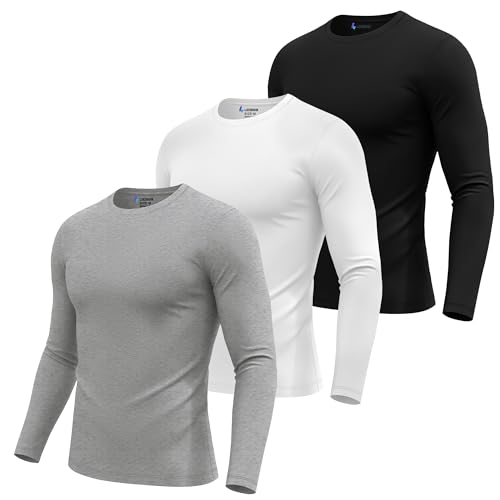 Neer 3 Pack Men's Long Sleeve Underscrub Tees Crew Neck Shirts Stretch Durable Undershirts Base Layers for Medical Uniforms(Black, White, Light Gray,Medium)