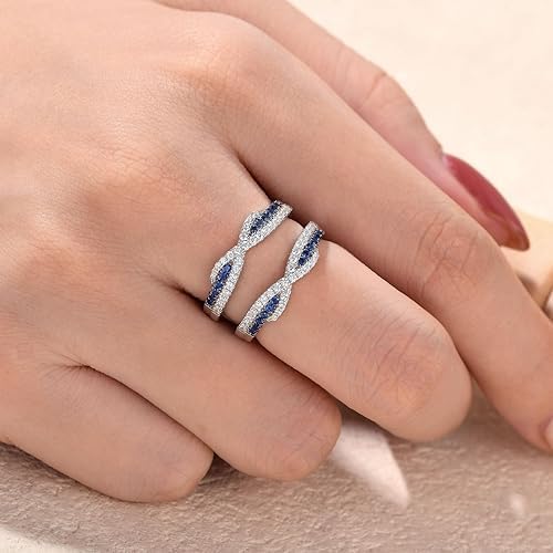 Pretty Jewels08 2Ct Round Cut Lab Created Blue Sapphire Twisted Wrap Enhancer Guard Engagement Ring, 14k White Gold Finish