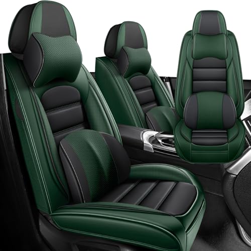 Iceleather Luxury Car Seat Covers,Waterproof Soft Breathable PU Leather Seat Cover with Storage Pockets,Fits 95% of Vehicles(Black&Green,Front Set with Pillow) by Iceleather - Used condition - US$126.78