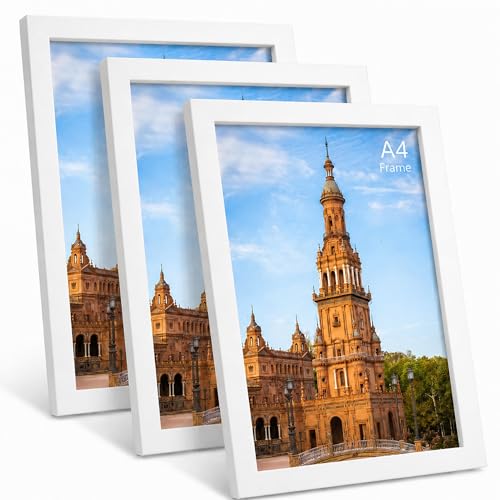 Image of Uhogo A4 Photo Frame Set of 3, Classic White Picture Frames with High-Definition Perspex Front, 21x29.7 cm Wall & Tabletop Display, Modern Gallery Frames for Home & Office