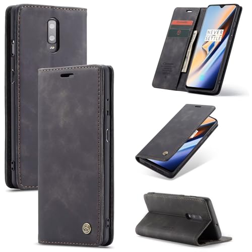 SLWYF Handyhülle für OnePlus 7 Hülle Premium Lederhülle Klappbar Flip Hülle Tasche Magnet Kartenfach Standfunktion Klapphülle Schutzhülle für OnePlus 7, Schwarz