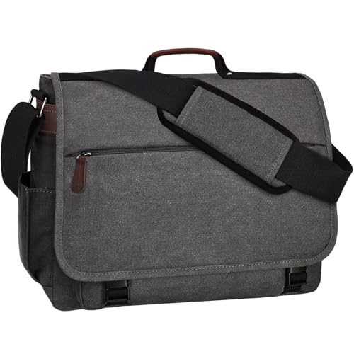 Eshow Umhängetasche Herren Wasserabweisend, Laptoptasche 15,6 Zoll aus Echtleder und Canvas, Messenger Bag Arbeitstasche Schultertasche Vintage für Arbeit Uni Freizeit Büro Grau