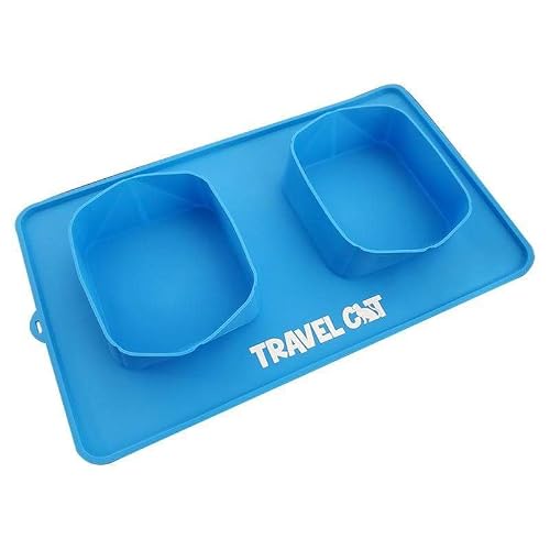 Travel Cat Collapsible Food and Water Bowl - 2 in 1 Blue Portable Pet Skid Mate…