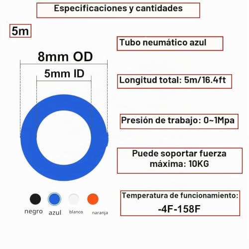 Miniatura 4 de Huaziz Kit De Tubo De Manguera De Aire Pu De Poliuretano Azul 5 M, 8 Mm Od X 5 Mm Id Con 14 Kits De Conectores