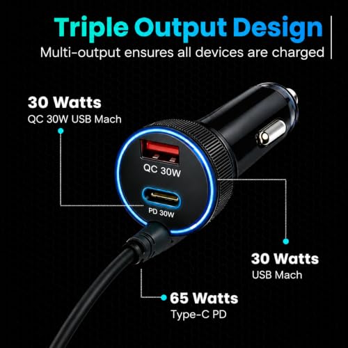 Image of Fire Turtle 125W Triple Output Fast Car Charger with 65W Type-C Cable, 30W Type-C PD, 30W QC USB Port, Compatible with Laptop, iPhone & Android Smartphone (Spring Cable Car Charger)