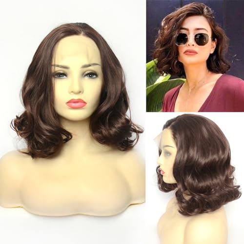 Bluple SYNTHETICWIGS20180712002 Dark Brown Lace Front Wig Short Bob Style 6# Pre Plucked Chocolate Brown Loose Wave Curly Synthetic Hair Side Part Half Hand Tied Replacement Full Wigs 12 Inches thumb #2