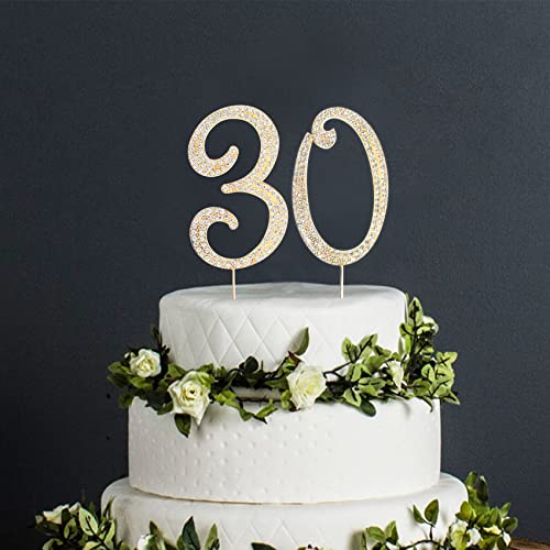 Number Cake Topper 30, Uniideco Gold Rhinestone Premium Metal Bling Bling Cake Decor, Sparkly Happy Birthday Wedding Anniversary Party Decoration Centerpiece #TOP1