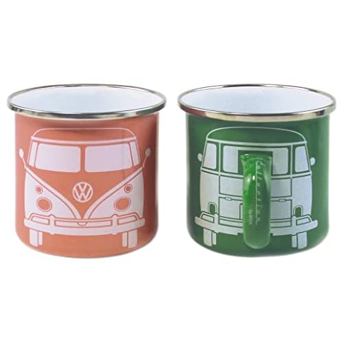 BRISA VW Collection - Volkswagen Furgoneta Hippie Bus T1 Van Set de 2 Tazas de Café Esmaltadas en Caja de regalo, Copas de Té, Decoración de la Mesa/Outdoor/Camping/Souvenir (Verde/Rosa)