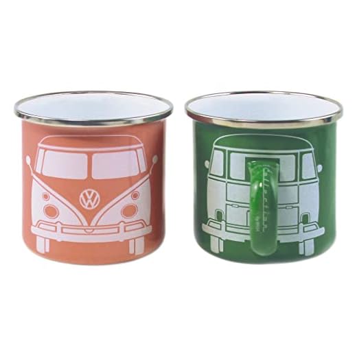 BRISA VW Collection - Volkswagen Furgoneta Hippie Bus T1 Van Set de 2 Tazas de Café Esmaltadas en Caja de regalo, Copas de Té, Decoración de la Mesa/Outdoor/Camping/Souvenir (Verde/Rosa)