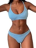 ZAFUL Women's Two-Piece Scoop Neck Bikini Crop Top Criss Cross Push Up Bikini Set Tanks Top Bathing Suit(Small,Denim Blue)