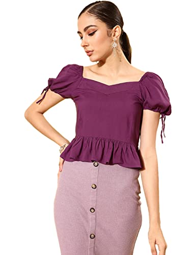 Rare Women Casual Purple Colour Sweetheart Neck Solid Peplum Top