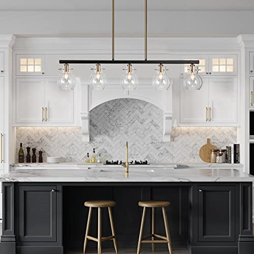 Zevni Gold Chandelier For Dining Room, 5-Light Modern Black Dining Room Light Fixture With Clear Glass Globes, 38" L #TOP5